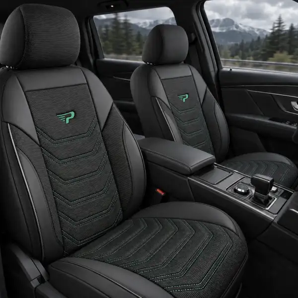 Crno-zelene auto presvlake ugrađene na prednja sjedišta u modernom automobilu